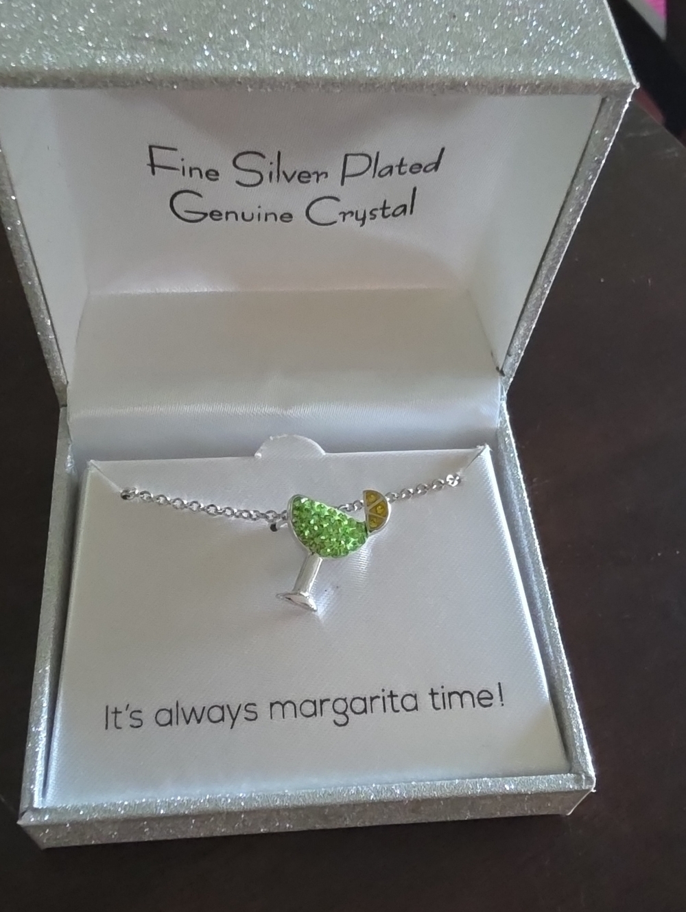 Silver-Plated Margarita Glass Necklace with Lime Green Crystal Accent